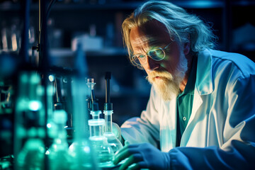 Elderly white-haired male biologist or scientist conducts medical research in a modern laboratory