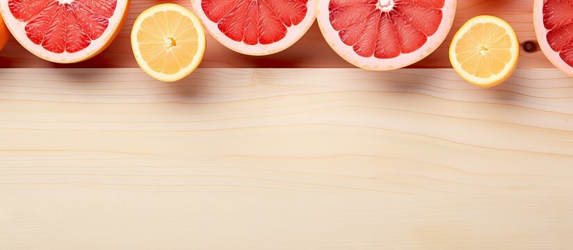 Close up of pomelo and grapefruit sections on a dark wooden cutting board without isolated pastel background Copy space
