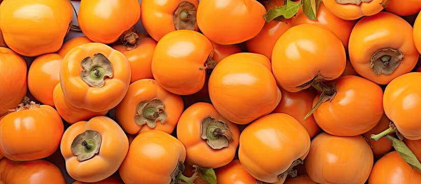 abundant persimmon fruit during harvest isolated pastel background Copy space