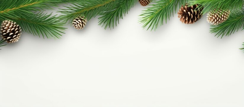 Christmas border made of fir tree branch on a isolated pastel background Copy space perfect for a New Years card or banner