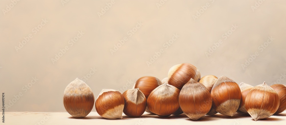 Poster Isolated raw hazelnuts one broken nut for different uses isolated pastel background Copy space