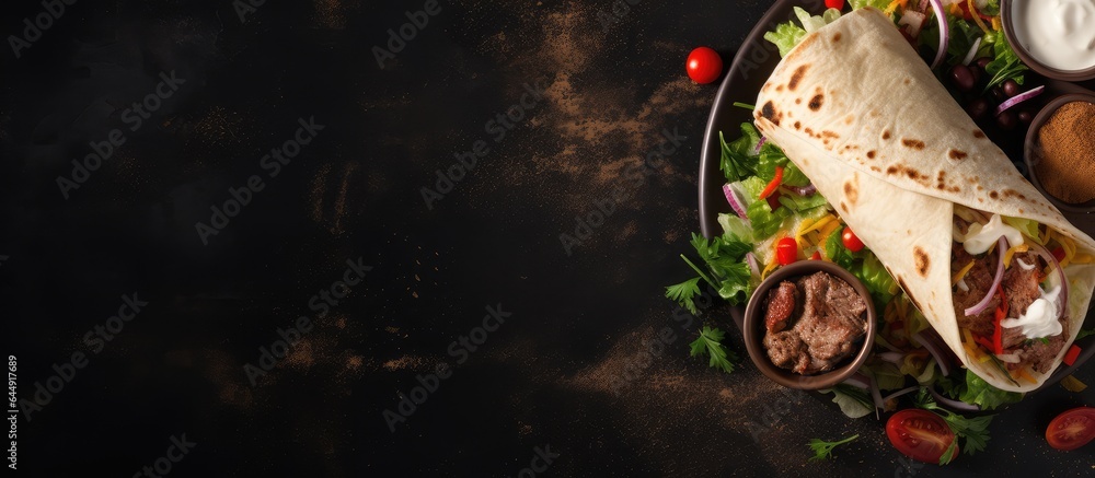 Poster fresh roll of grilled meat and salad wrapped in tortilla with white sauce isolated pastel background