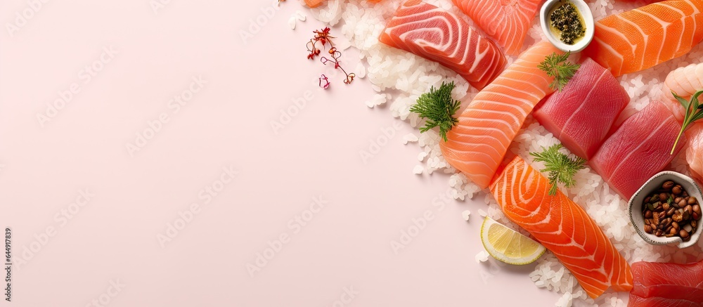 Poster an isolated picture of a sashimi sushi set with salmon tuna wasabi and shredded radish on a isolated