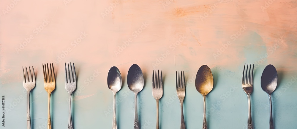 Poster arranged utensils on table isolated pastel background copy space