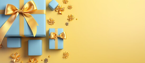 Yellow ribboned gift boxes displaying letter B arranged with isometry isolated pastel background Copy space