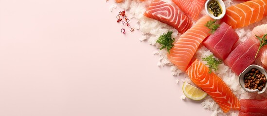 An isolated picture of a sashimi sushi set with salmon tuna wasabi and shredded radish on a isolated pastel background Copy space with selective focus