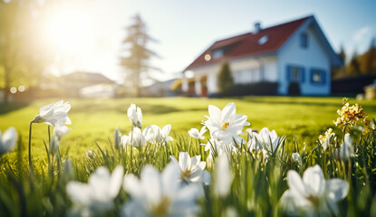  Beautiful various colorful flower and lawn grass and cozy home,house.nature and environment background.panoramic banner
