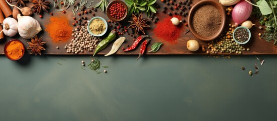 Selection of spices on cutting board on a isolated pastel background Copy space