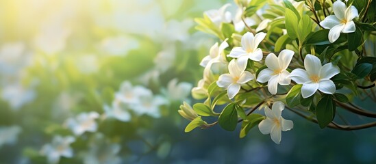 Jasmine blooming in the morning garden a symbol of Mothers Day in Thailand isolated pastel background Copy space