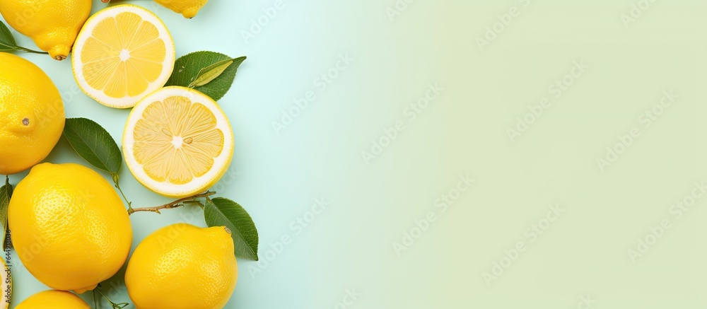 Poster top view of fresh yellow lemon fruits on a isolated pastel background copy space with copy space