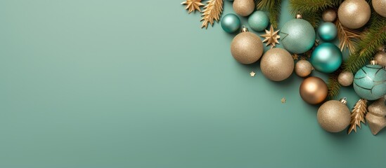 Naklejka na ściany i meble Christmas tree and ornaments on a isolated pastel background Copy space