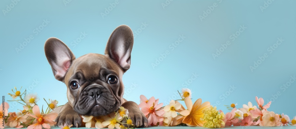 Wall mural Spring flowers and a isolated pastel background Copy space showcase a young French bulldog