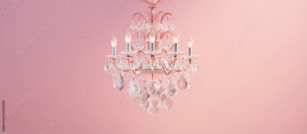 Poster interior crystal chandelier illuminated on a isolated pastel background copy space home lighting com