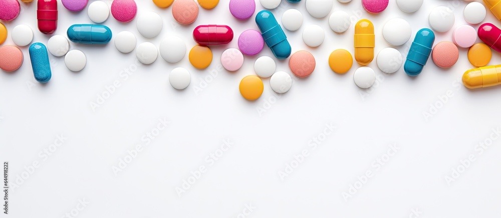 Poster closeup of multicolored pills ampules and capsules isolated on a isolated pastel background copy spa