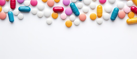 Closeup of multicolored pills ampules and capsules isolated on a isolated pastel background Copy space in a pharmacy theme