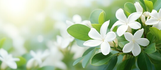White jasmine flower in a garden with blurred green leaves background Perfect for Mothers Day...