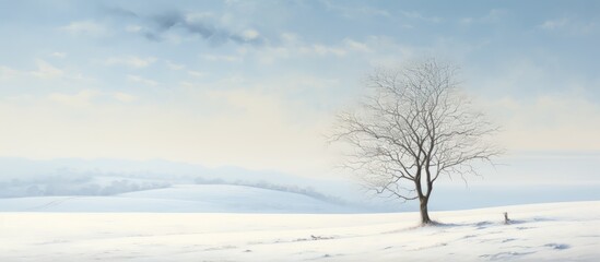 A tree without leaves casting a shadow over a snowy expanse isolated pastel background Copy space