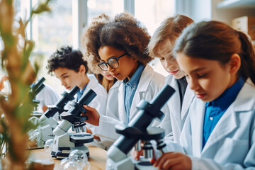 A group of school students conducts experiments in an educational laboratory - obrazy, fototapety, plakaty