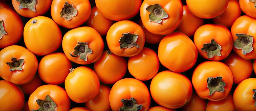 abundant persimmon fruit during harvest isolated pastel background Copy space