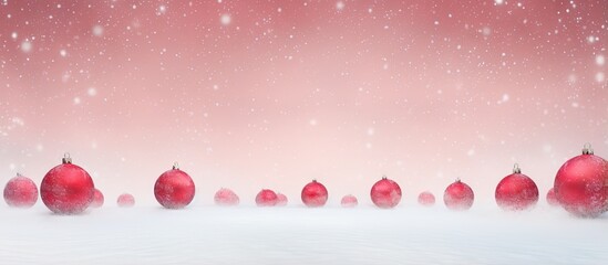 Christmas balls of red color covered with snow isolated pastel background Copy space