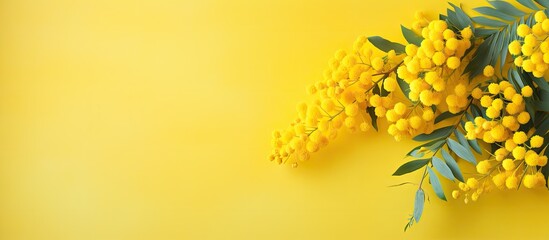 Springtime macro of a mimosa flower with a yellow hue isolated pastel background Copy space