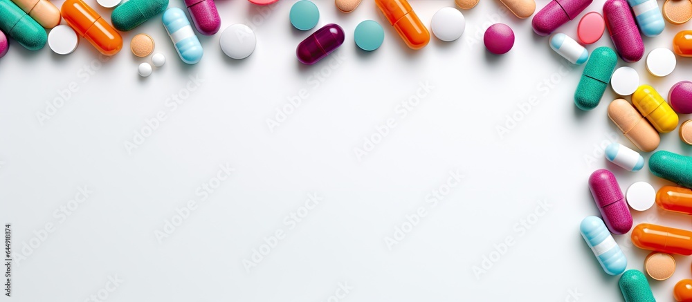 Poster closeup of multicolored pills ampules and capsules isolated on a isolated pastel background copy spa