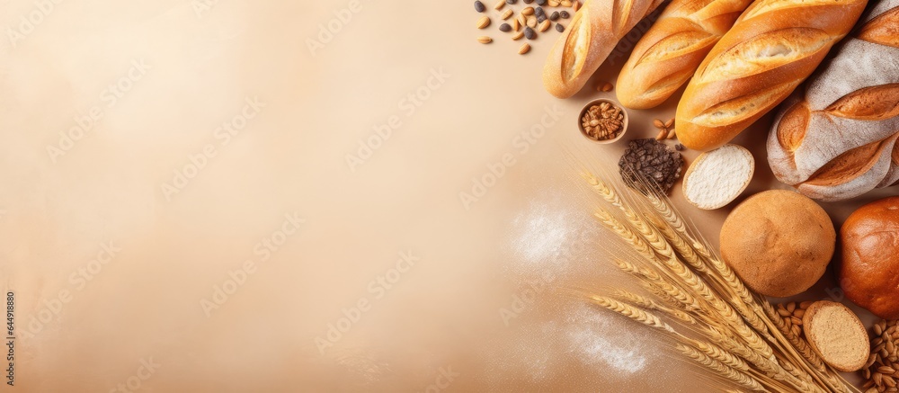 Poster assorted bread types placed on a tablecloth top view relevant to bakery and pastry isolated pastel b