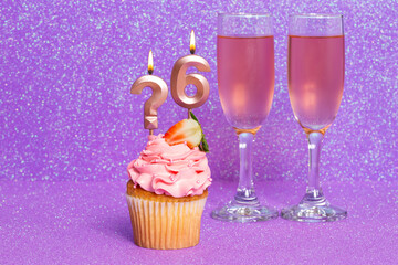 Cupcake With Number And Glasses With Wine For Birthday Or Anniversary Celebration