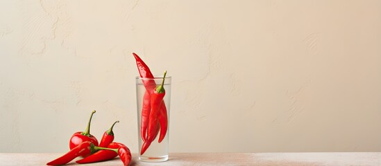Pepper vodka and red chili peppers on a isolated pastel background Copy space
