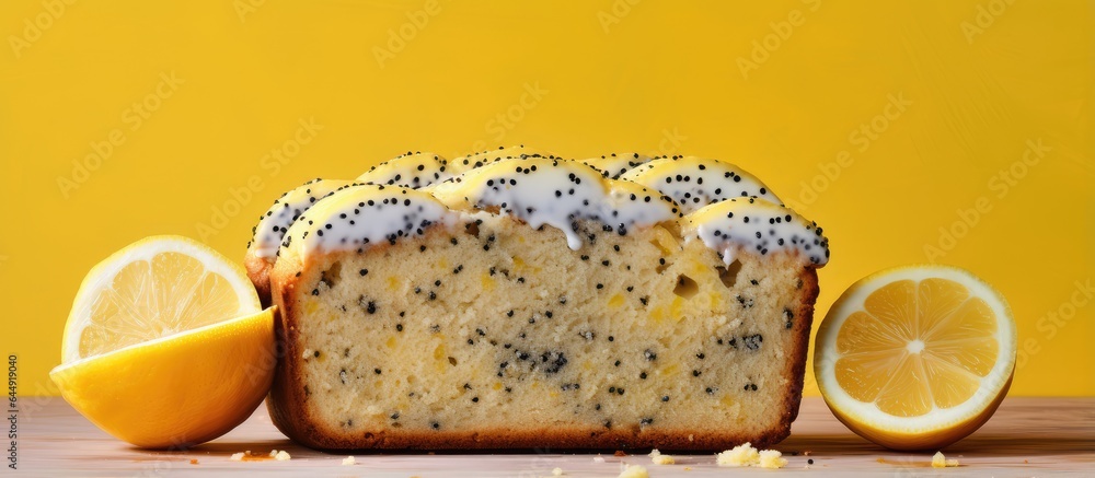 Aufkleber lemony loaf with poppy seeds and hidden lemon slices isolated pastel background copy space