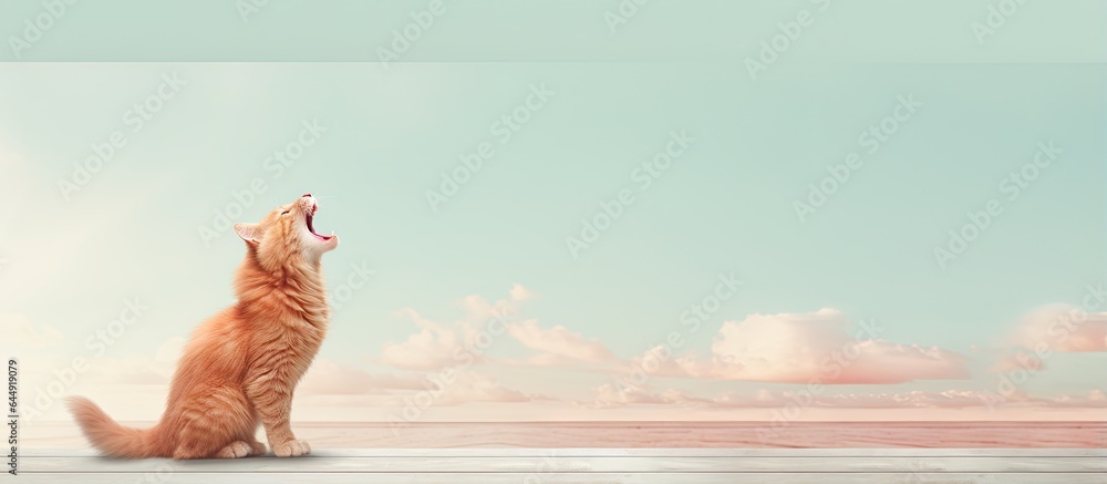 Poster a shouting cat on a bench colored red isolated pastel background copy space