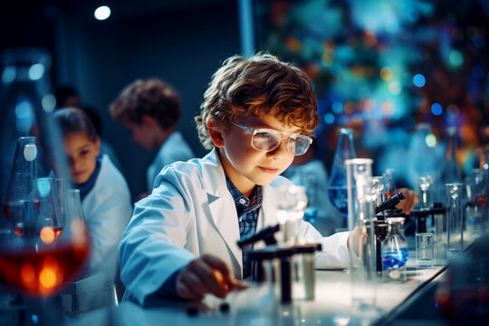 Portrait of a young little boy scientist with a microscope. Learning the sciences at an early age. - Powered by Adobe
