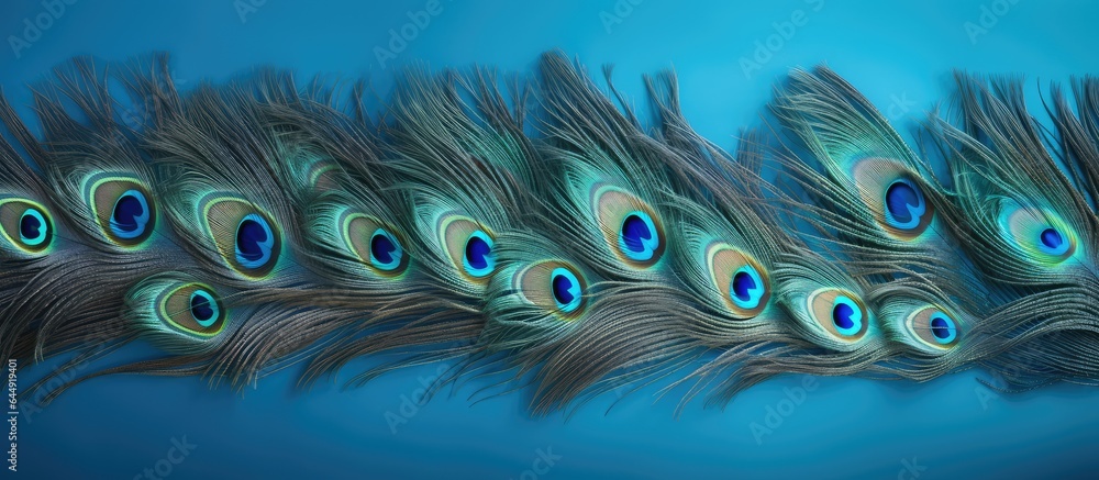 Poster peacocks tail feathers in closeup with blue fabric backdrop isolated pastel background copy space