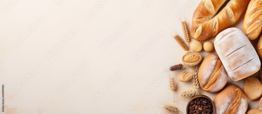 Poster assorted bread types placed on a tablecloth top view relevant to bakery and pastry isolated pastel b