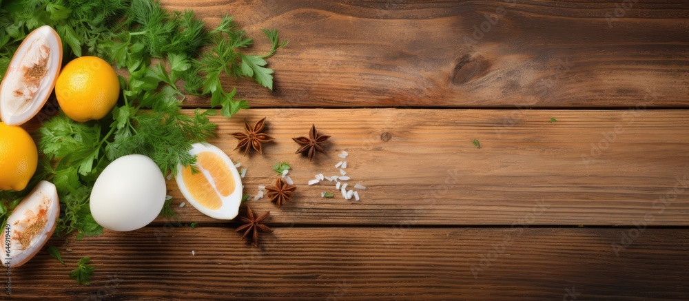 Aufkleber spicy boiled eggs with rice herbs and lemon slice on isolated pastel background copy space en table
