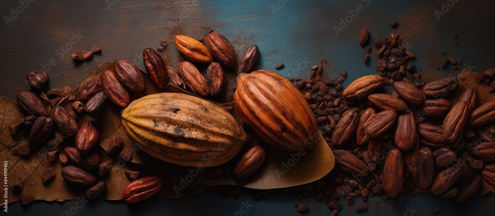 Poster Minimal and dark lighting used to create a creative flat lay food concept featuring a soft and selective focus on cocoa pods on a table isolated pastel background Copy space