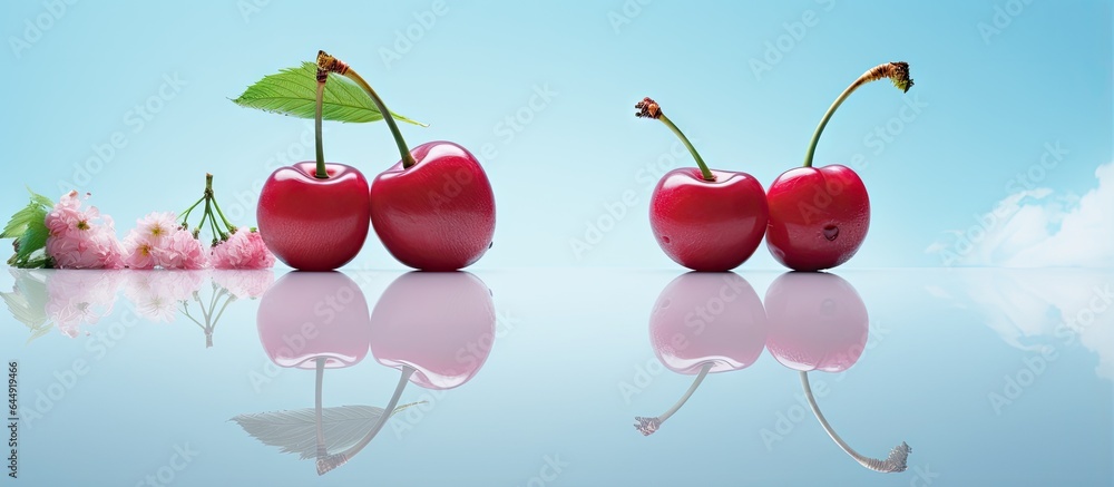 Poster fresh cherries both whole and sliced suspended in the air reflected on a isolated pastel background 