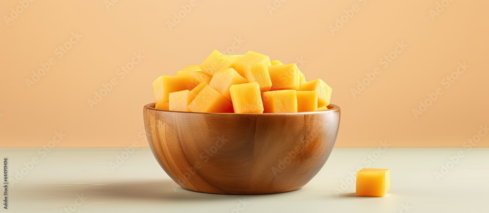 Aufkleber Dice a butternut squash in a wooden bowl isolate on a isolated pastel background Copy space with clipping path and full depth of field