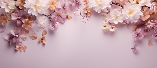 Fototapeta na wymiar Photo of blooming spring flowers and plants isolated pastel background Copy space