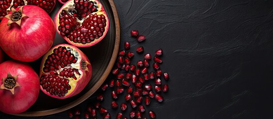 A black ceramic bowl holding a red pomegranate and its seeds on isolated pastel background Copy...