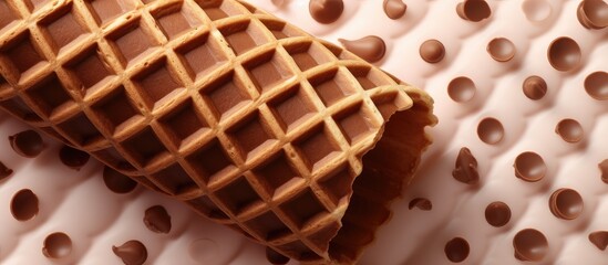 Chocolate coated waffle roll displayed on a isolated pastel background Copy space in a close up shot