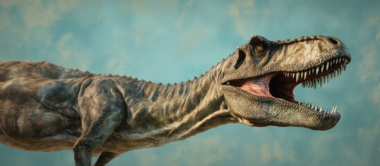 Obraz premium Detailed and realistic 3D image of a T Rex dinosaur isolated on a isolated pastel background Copy space