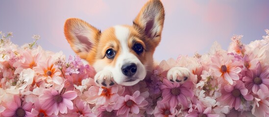 Puppy of a Welsh corgi pembroke amidst flowers isolated pastel background Copy space