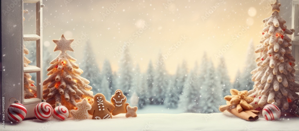 Aufkleber Cookies on desk and window with Christmas tree backdrop isolated pastel background Copy space