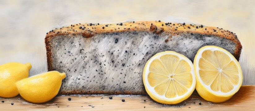 Lemony loaf with poppy seeds and hidden lemon slices isolated pastel background Copy space
