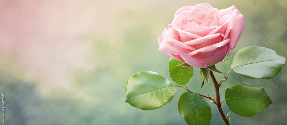 Poster a pink rose flower is isolated on a green foliage background with a shallow depth of field and focus