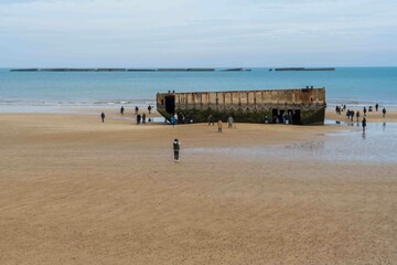 Beached Ship at Mulberry Harbour at Arromanches and Omaha Beach, Normandy, France