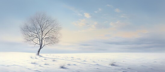 A tree without leaves casting a shadow over a snowy expanse isolated pastel background Copy space