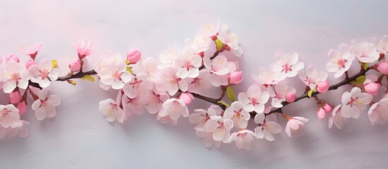 Peach blossoms in pink against a isolated pastel background Copy space up close