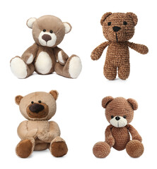 Set with different soft toy bears isolated on white